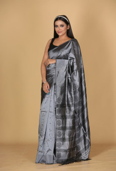 Gol Pat Design Light Muga Color Saree with Black and Grey Accents