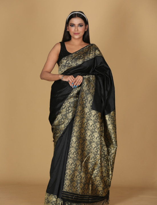 Tri Mogor Design Black Saree with Golden Buta and Border Tri Mogor Design Black Saree with Golden Buta and Border