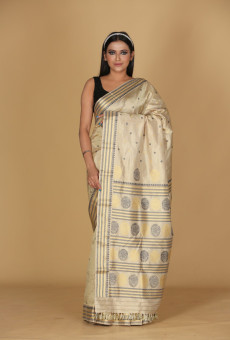Gold Pattu Beige Saree with Black, Grey, and Gold Buta Design