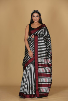 Leaf Design Red, Black, and Silver Toramai Saree with Small Buta