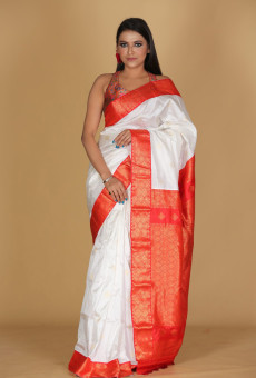 White and Red Saree with White Diamond Buta Design