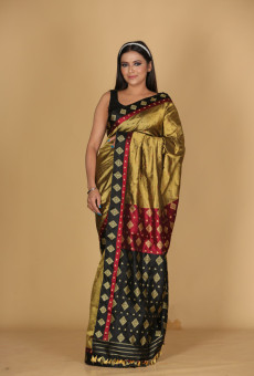 Miri Big Buta & Small Black and Red Pale Body Gold Design Saree