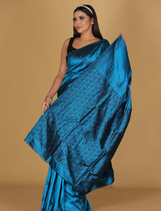 Tantuj Mayur Design Dark Peacock Blue Saree Tantuj Mayur Design Dark Peacock Blue Saree