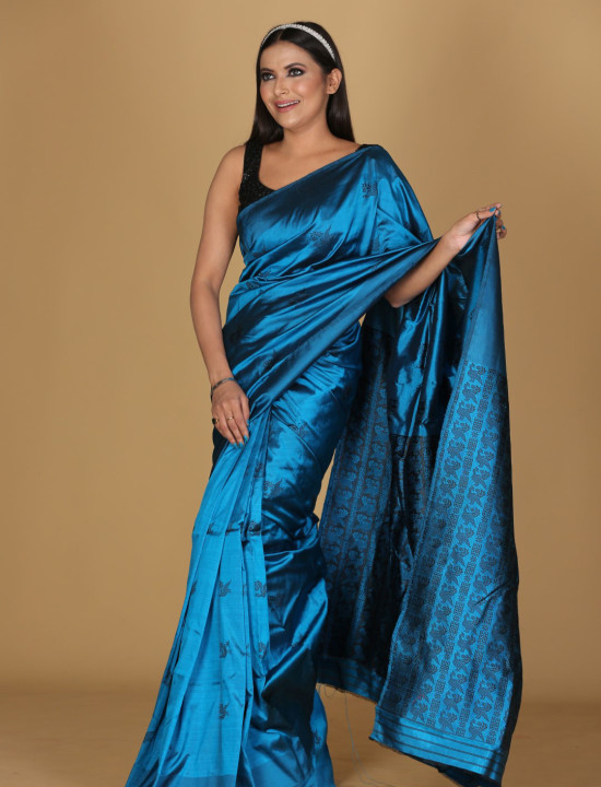 Tantuj Mayur Design Dark Peacock Blue Saree Tantuj Mayur Design Dark Peacock Blue Saree