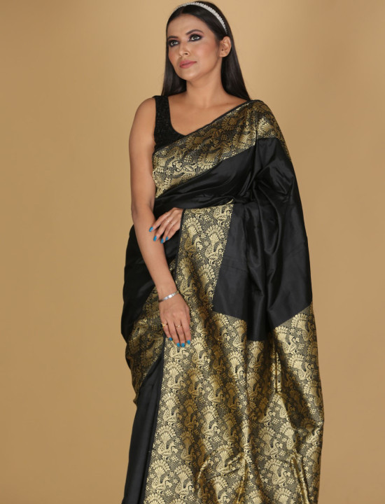Tri Mogor Design Black Saree with Golden Buta and Border Tri Mogor Design Black Saree with Golden Buta and Border