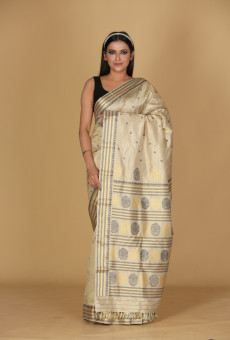 Gold Pattu Beige Saree with Black, Grey, and Gold Buta Design
