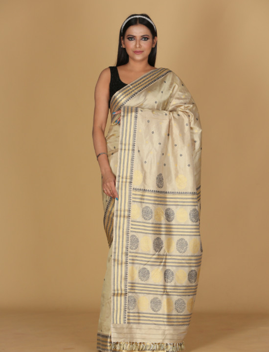 Gold Pattu Beige Saree with Black, Grey, and Gold Buta Design Gold Pattu Beige Saree with Black, Grey, and Gold Buta Design