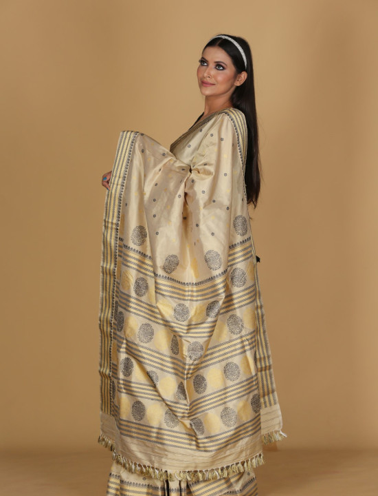 Gold Pattu Beige Saree with Black, Grey, and Gold Buta Design Gold Pattu Beige Saree with Black, Grey, and Gold Buta Design
