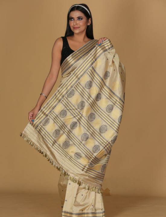 Gold Pattu Beige Saree with Black, Grey, and Gold Buta Design Gold Pattu Beige Saree with Black, Grey, and Gold Buta Design