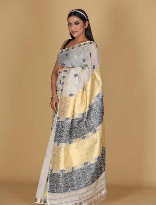 Summer Silk Off-White Saree with Black and Gold Buta Design Summer Silk Off-White Saree with Black and Gold Buta Design