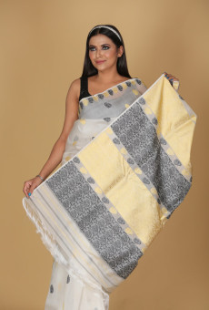 Summer Silk Off-White Saree with Black and Gold Buta Design