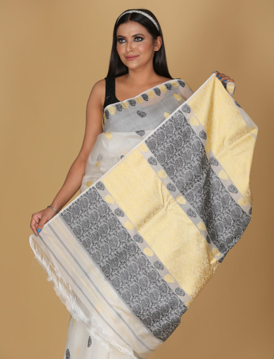 Summer Silk Off-White Saree with Black and Gold Buta Design Summer Silk Off-White Saree with Black and Gold Buta Design