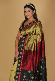 Miri Big Buta & Small Black and Red Pale Body Gold Design Saree
