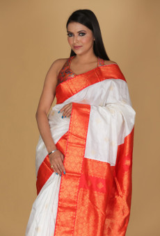 White and Red Saree with White Diamond Buta Design