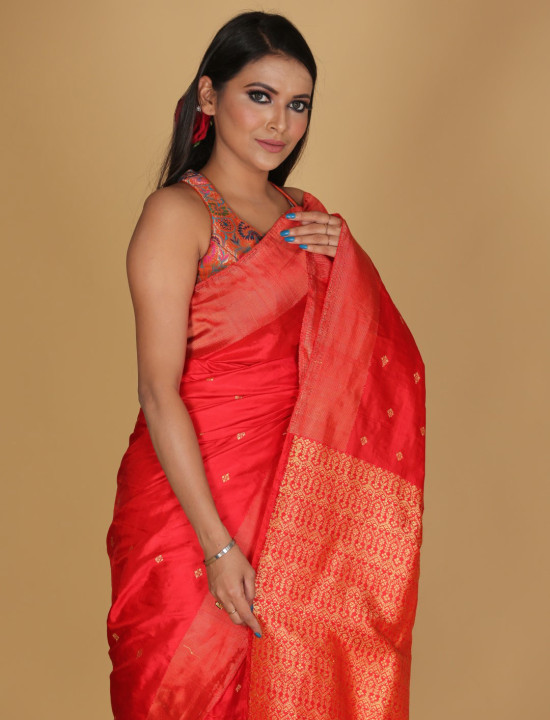 Mousumi Design Toramai Small Buta Red Saree Mousumi Design Toramai Small Buta Red Saree