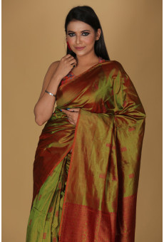 Mousumi Design Mehendi Green Saree with Red Dig and Green Buta Mousumi Design Mehendi Green Saree with Red Dig and Green Buta