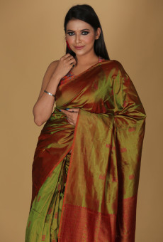 Mousumi Design Mehendi Green Saree with Red Dig and Green Buta