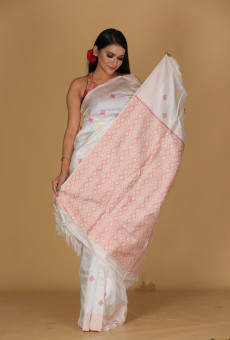 Diamond Phul White & Orange Saree