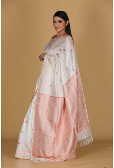 Diamond Phul White & Orange Saree