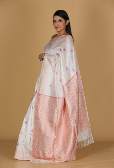 Diamond Phul White & Orange Saree