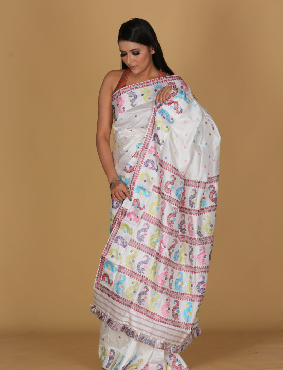 Dragon Buta White Saree