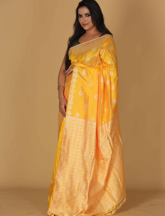 Diamond Design Golden Yellow Butta Saree – White Base with Yellow Butta