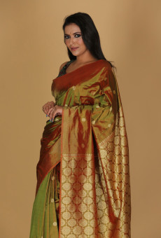 Chandramala Design Bottle Green Saree – Red Base with Green Border