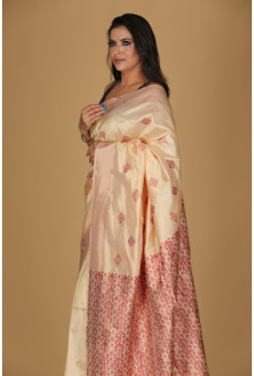 Miri Design Beige Saree – White Patterns with Cream Border
