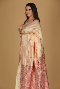 Miri Design Beige Saree – White Patterns with Cream Border