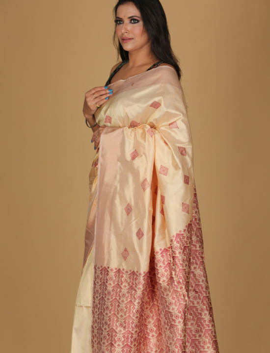 Miri Design Beige Saree – White Patterns with Cream Border Miri Design Beige Saree – White Patterns with Cream Border
