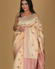 Miri Design Beige Saree – White Patterns with Cream Border Miri Design Beige Saree – White Patterns with Cream Border