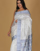 Gol Pata Design Beige and White Saree – Blue and Dark Blue Border Gol Pata Design Beige and White Saree – Blue and Dark Blue Border