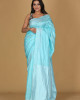 Mousumi Design Peacock Saree – Light Blue with White Patterns and Peacock Blue Border