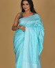 Mousumi Design Peacock Saree – Light Blue with White Patterns and Peacock Blue Border
