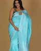 Mousumi Design Peacock Saree – Light Blue with White Patterns and Peacock Blue Border