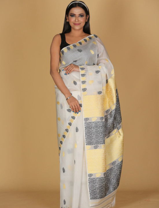 Summer Silk Off-White Saree with Black and Gold Buta Design Summer Silk Off-White Saree with Black and Gold Buta Design