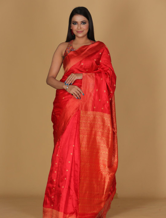 Mousumi Design Toramai Small Buta Red Saree Mousumi Design Toramai Small Buta Red Saree