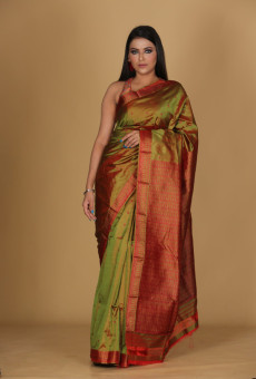 Mousumi Design Mehendi Green Saree with Red Dig and Green Buta