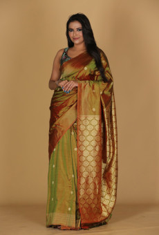 Chandramala Design Bottle Green Saree – Red Base with Green Border