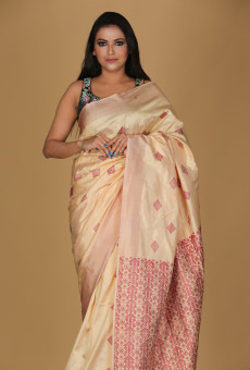 Miri Design Beige Saree – White Patterns with Cream Border