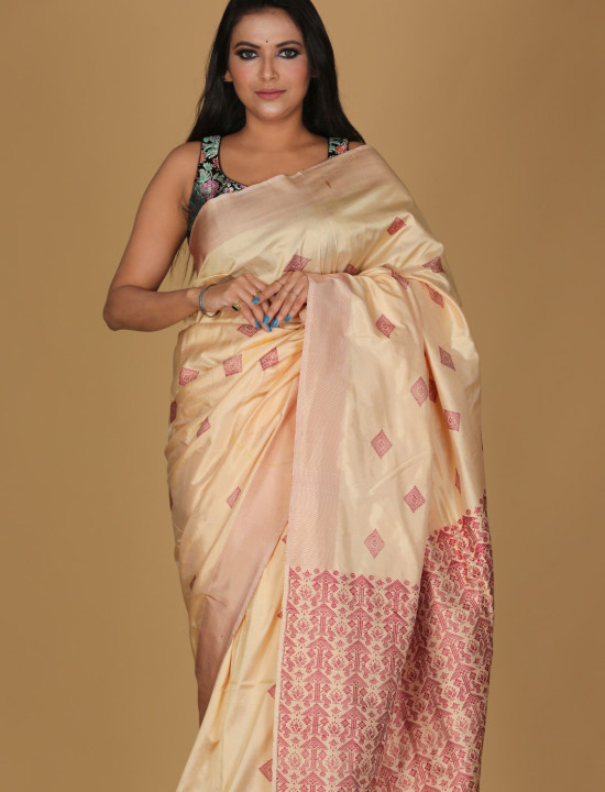 Miri Design Beige Saree – White Patterns with Cream Border Miri Design Beige Saree – White Patterns with Cream Border