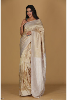 Hawali Design Beige Saree – White Patterns with Cream Border