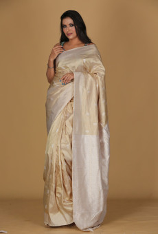 Hawali Design Beige Saree – White Patterns with Cream Border