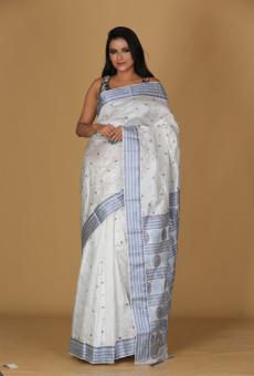 Gol Pata Design Beige and White Saree – Blue and Dark Blue Border