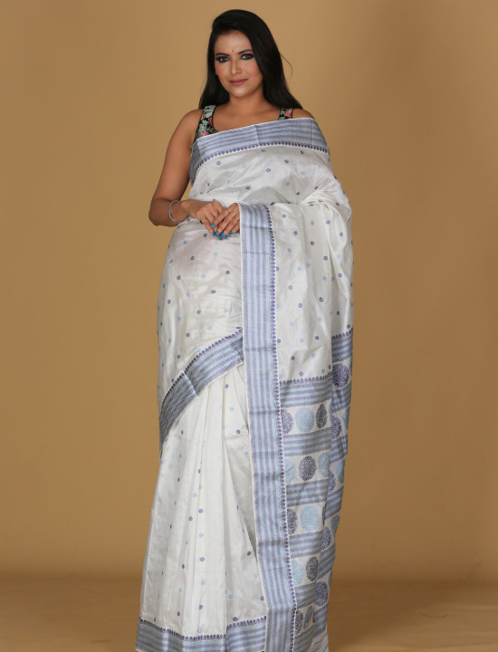 Gol Pata Design Beige and White Saree – Blue and Dark Blue Border Gol Pata Design Beige and White Saree – Blue and Dark Blue Border